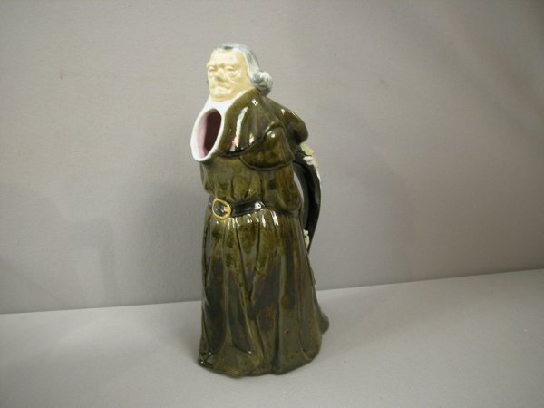 GEORGE JONES figural monk pitcher with goat head o: GEORGE JONES figural monk pitcher with goat head on handle, 12"