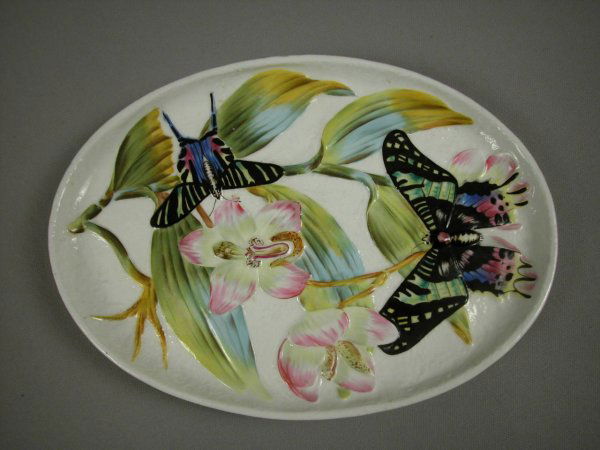 GEORGE JONES albino majolica oval dresser tray wit: GEORGE JONES albino majolica oval dresser tray with butterflies and orchids, rare to find in this color, 11", ref: Karmason-Stacke p. 99