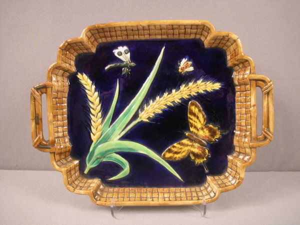 GEORGE JONES majolica butterfly, bamboo and wheat: GEORGE JONES majolica butterfly, bamboo and wheat tray with cobalt ground, nice color, 13", early staple repair to one handle