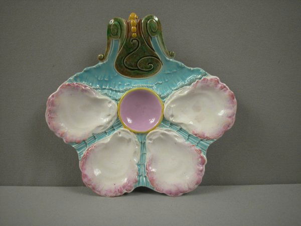 GEORGE JONES majolica rare form J.W. Boteler 4 wel: GEORGE JONES majolica rare form J.W. Boteler 4 well oyster plate, ref: Karsnitz p. 59, 9"w