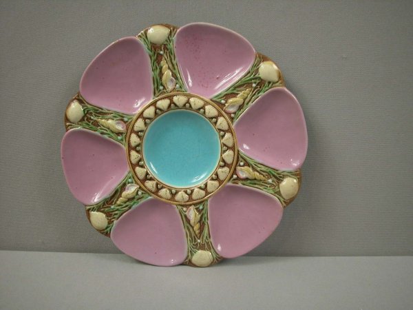 MINTON majolica 6 well oyster plate with pink well: MINTON majolica 6 well oyster plate with pink wells and turquoise center, 9", shape no. 1323, hairline