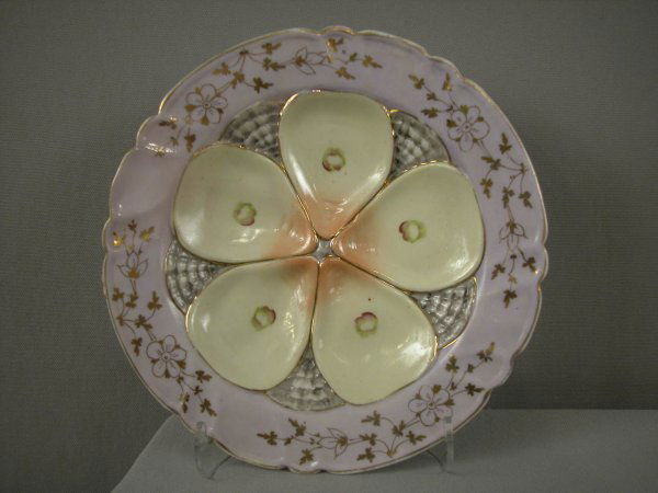 Porcelain 5 well oyster plate with lavender border: Porcelain 5 well oyster plate with lavender border with floral motif, 8 3/4", ref: Karsnitz p. 103TL