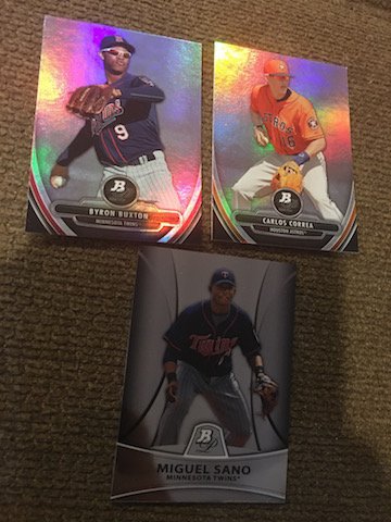 2013 Bowman Platinum Carlos Correa and Byron Buxton: 2013 Bowman Platinum Carlos Correa and Byron Buxton rookie card RC and 2010 Bowman Platinum MIGUEL SANO Rookie Card RC