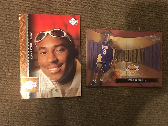 1996-97 UPPER DECK #58 KOBE BRYANT RC Rookie Top Left: 1996-97 UPPER DECK #58 KOBE BRYANT RC Rookie Top Left corner Dinged and KOBE BRYANT 2003/04 03/04 FLEER PATCHWORKS COURTING GREATNESS #9