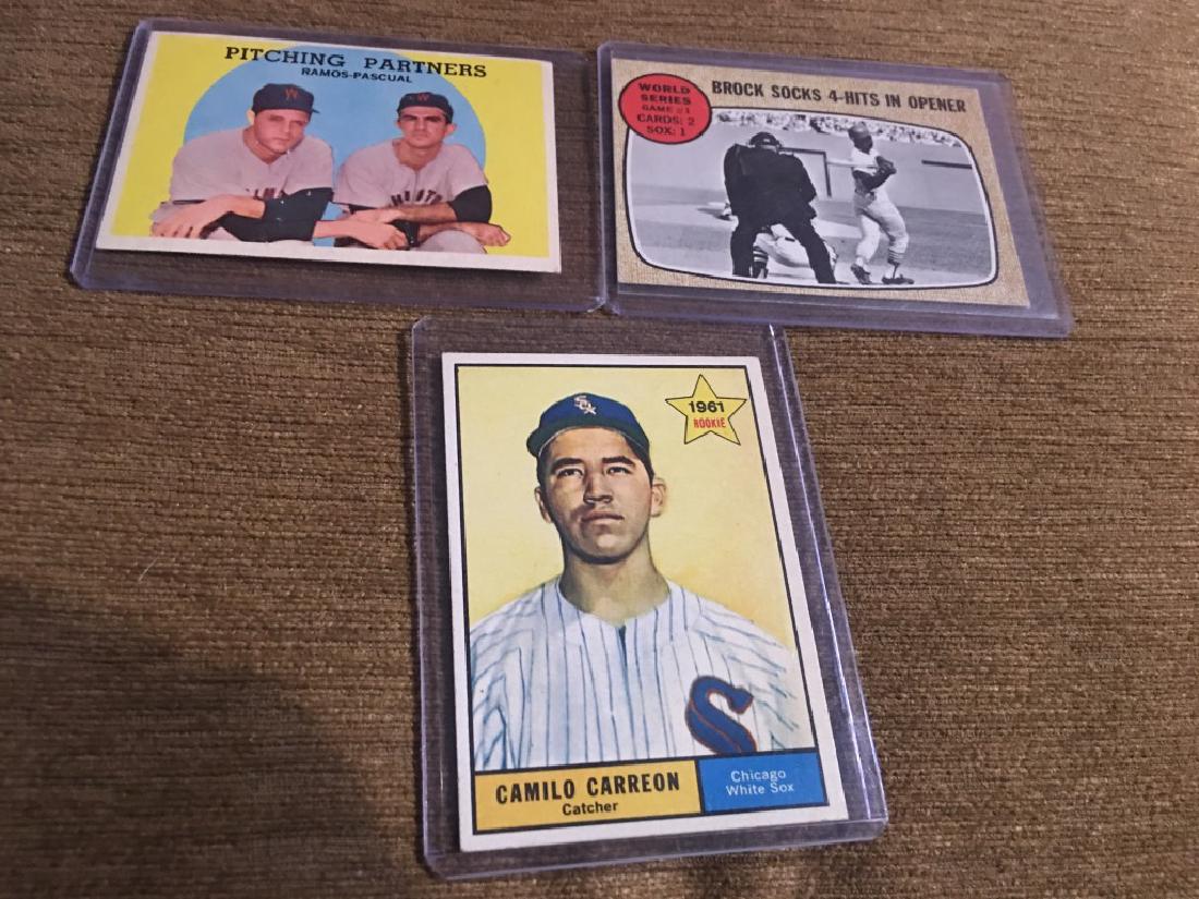 1950's and 1960's Vintage Baseball card Lot: 1959 TOPPS PITCHING PARTNERS RAMOS-PASCUAL and 1968 TOPPS WORLD SERIES GM1 BROCK SOCKS 4 HITS IN OPENER #151 and 1961 TOPPS #509 CAMILO CARREON RC