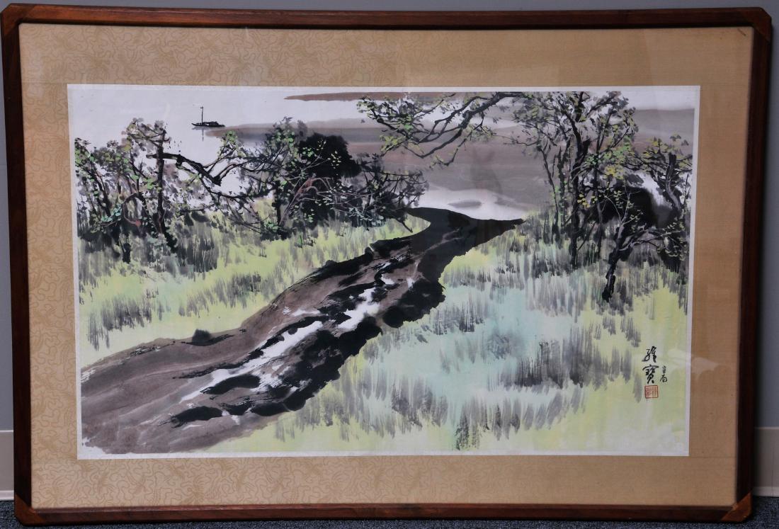 Scroll painting. China. 20th century. Ink and colours: Scroll painting. China. 20th century. Ink and colours on paper. Scene of summer trees. Signed Wang Wei Bao. Born 1942. 34" x 20". Framed and glazed. For additional and high-resolution images, please c