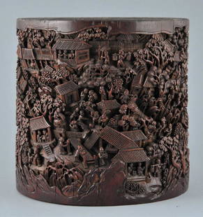 Bamboo brush pot. China. 18th/19th century. Ornately: Bamboo brush pot. China. 18th/19th century. Ornately carved with scenes of village life. 5-1/2" x 5-1/2". Age lines. For additional and high-resolution images, please copy and paste the following link