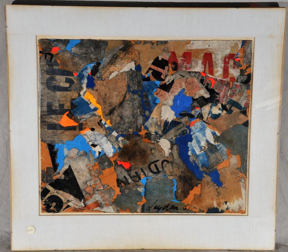 Ernst Van Leyden. 1961. Abstract collage painting.: Ernst Van Leyden. 1961. Abstract collage painting. Andrew Morris Gallery label on reverse. Framed. Sight size: 15-1/2" x 18-1/2". Overall size: . 22" x 24". From the collection of Donald Weitzman of S