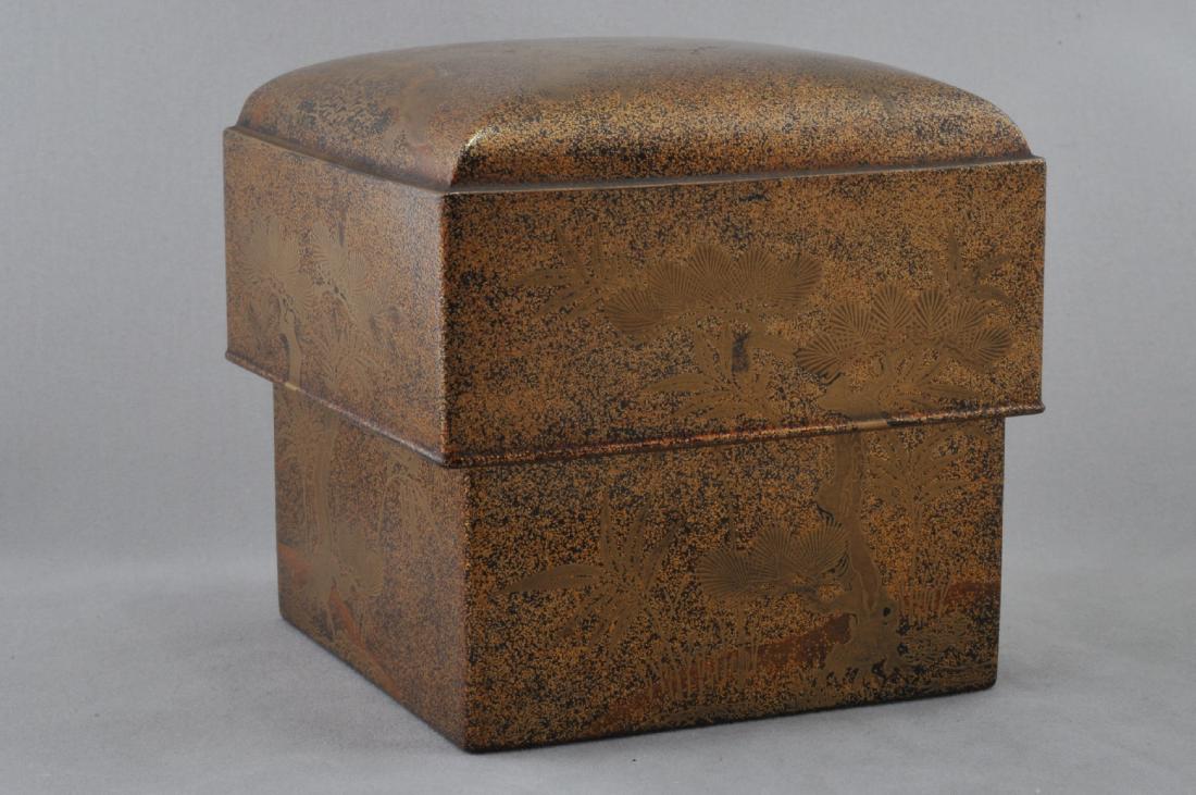 Gold lacquered box. Japan. 19th century. Square form.: Gold lacquered box. Japan. 19th century. Square form. Decoration of pine trees. 3" sq. x 3" h. All items in session one were collected by William H. Smith (1853-1923)