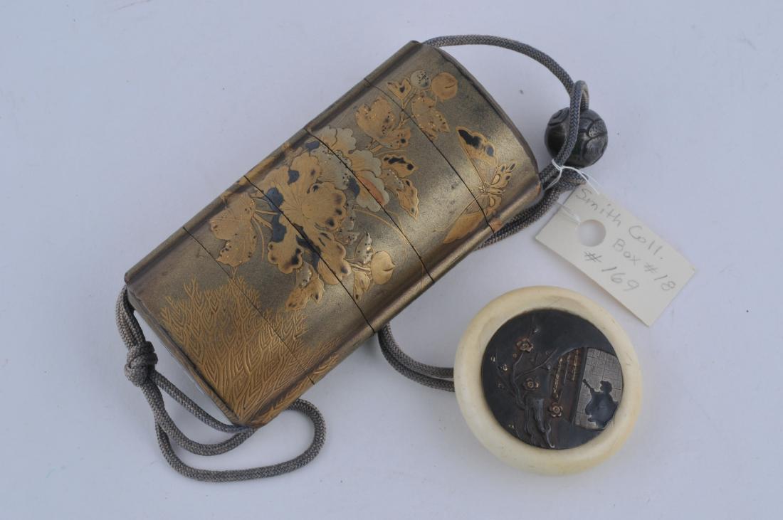 Inro. Japan. 19th century. Gold lacquer, ALERT!: Inro. Japan. 19th century. Gold lacquer decoration of butterflies and flowers. Kagamibuta netsuke of mixed metals, silver ojime. 3-1/2" l. All items in session one were collected by William H. Smith (