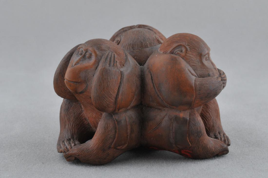 Carved wooden Netsuke. Japan. 19th century. Three: Carved wooden Netsuke. Japan. 19th century. Three monkeys. Speak, Hear, See No Evil. 1-1/2". All items in session one were collected by William H. Smith (1853-1923)