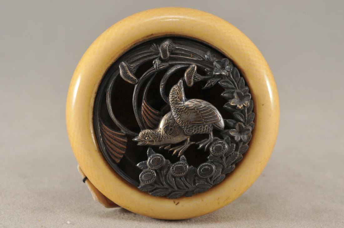 Kagamibuta Netsuke. Japan. 19th century. ALERT!: Kagamibuta Netsuke. Japan. 19th century. Gilt silver design of quails and millet plants. 1-3/4" All items in session one were collected by William H. Smith (1853-1923)) ALERT!!! ONLY THE CENTRAL INSER