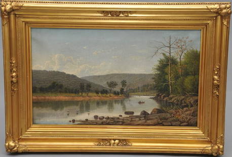 William Guy Wall. "Rowers on the Lake". River landscape: William Guy Wall. "Rowers on the Lake". River landscape with figures in a boat. Oil on canvas in original gilt Hudson River style frame. S.L.R. Sight size: 15" x 25". Overall size: 23" x 32".