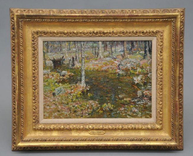 John Joseph Enneking. "Spring Landscape". Brightly: John Joseph Enneking. "Spring Landscape". Brightly colored landscape with a stream. Oil on board. Numbered on reverse. Framed. Sight size: 10" x 14". Overall size: 18" x 21-1/2". Guido frame.