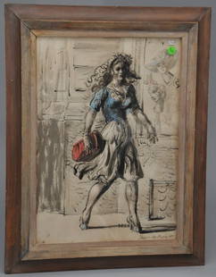 Reginald Marsh. "Girl Walking by  a Millinery Shop".: Reginald Marsh. "Girl Walking by a Millinery Shop". Watercolor and Pen. 1944. Purchased from Ira Spanierman, New York. Label on reverse. S.D.L.R. Framed under glass. Sight size: 20" x 14". Overall siz