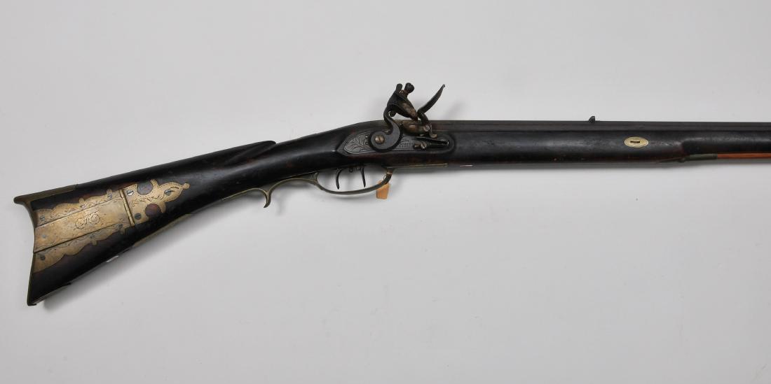 Signed Daniel Myers rifle with Drepped lock. 55": Signed Daniel Myers rifle with Drepped lock. 55" overall .49 Cal. 39-1/4" octagon eight groove BBL with 2-1/2" engraved tomb stone tang and BBL signed "D MYERS" on top flat between rear sight and BBL 