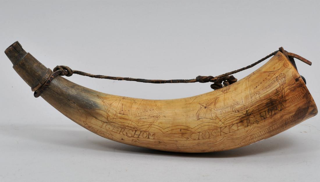 Gershom Crocker I'd Period 10-1/2" 18th century Powder: Gershom Crocker I'd Period 10-1/2" 18th century Powder Horn. The horn is decorated with five full sail ships with flags, a fort, a bird, flowers, and hearts also "/GERSHOM CROCKKERs HORN" Gershom may
