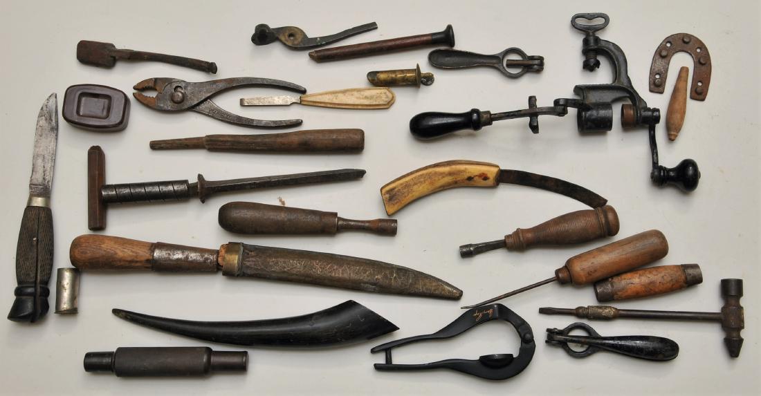 Box lot of shooter items, knives and tools, etc.: Box lot of shooter items, knives and tools, etc.