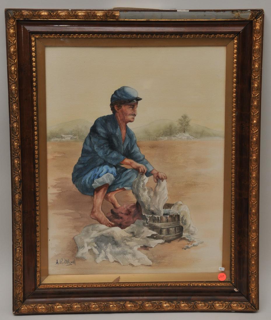 Alfred R. Waud. 1828-1891. Original watercolor Civil: Alfred R. Waud. 1828-1891. Original watercolor Civil War Illustration of a Union Soldier washing clothes. S.L.R. Sight size: 22" x 16". Overall size: 28" x 23". Loss to frame.