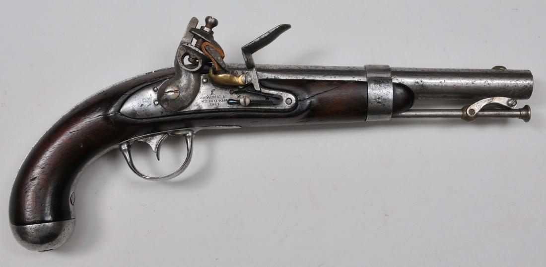 Asa H. Waters model 1836 Flint lock pistol. Having a: Asa H. Waters model 1836 Flint lock pistol. Having a John Avis BBL. Inspection with a dated 1844 A.H. Waters & Co Millbury Mass. lock plate. A double inspector mark on left flat of stock. Condition: A