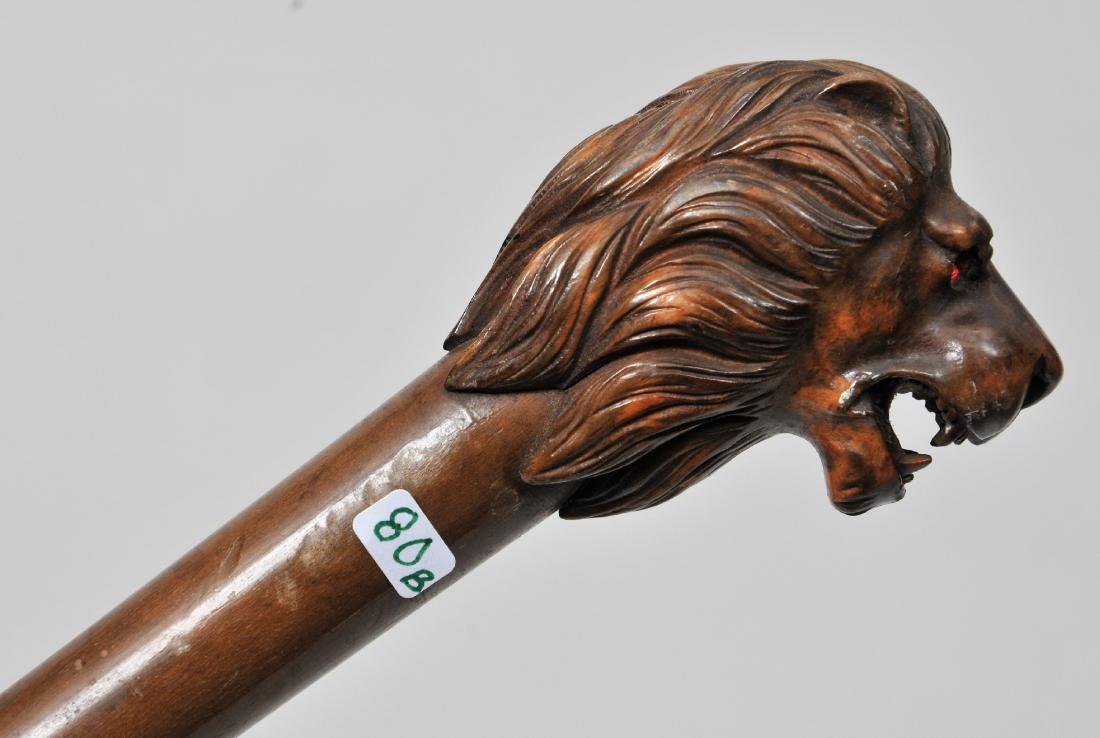 19th/20th century Exotic wood finely carved figural: 19th/20th century Exotic wood finely carved figural lion head cane with cut red stone or glass eye. Missing one eye. 36" long.