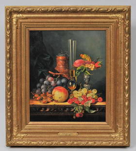 Edward LaDell. Table top Stillife painting with: Edward LaDell. Table top Stillife painting with vessels. Monogrammed lower left. O/B. Reproduction gilt frame. Sight size: 14-1/2" x 12". Overall size: 21" x 19".