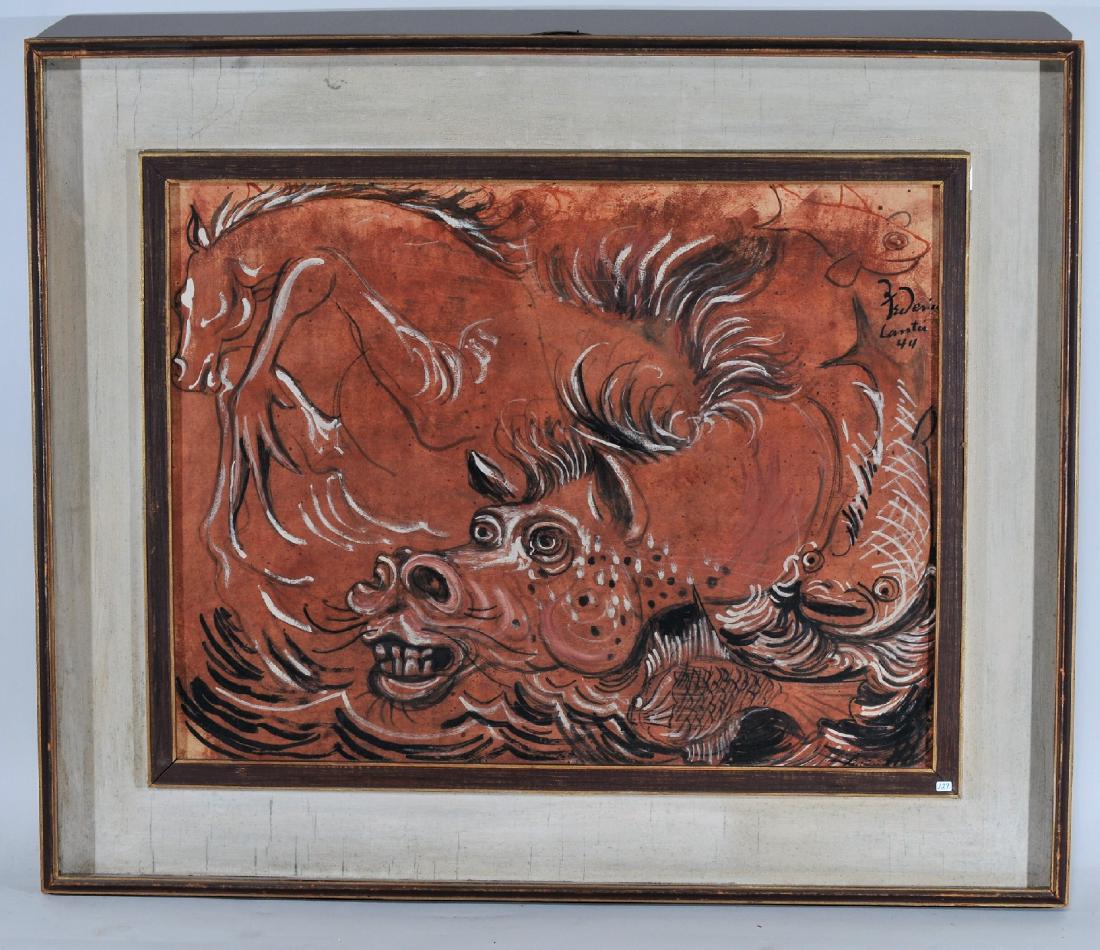 Federico Cantu. 1944. Mexico. Modernist painting of: Federico Cantu. 1944. Mexico. Modernist painting of horses and fish. Oil on board. Original paint decorated frame. S.D.U.R. Sight size: 19-1/2" x 25-1/2". Overall size: 29" x 34". From the collection