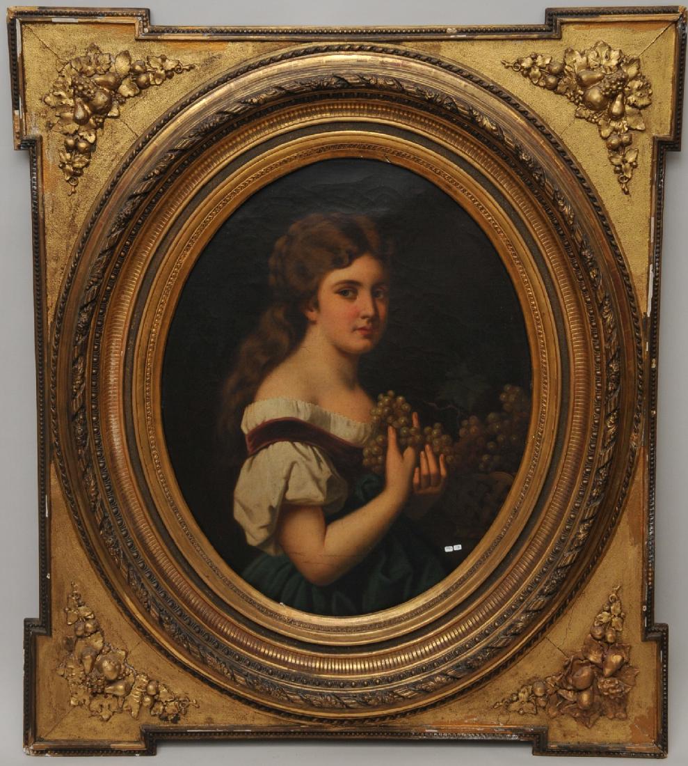 Large 19th century oval painting of a girl holding (1 of 13)