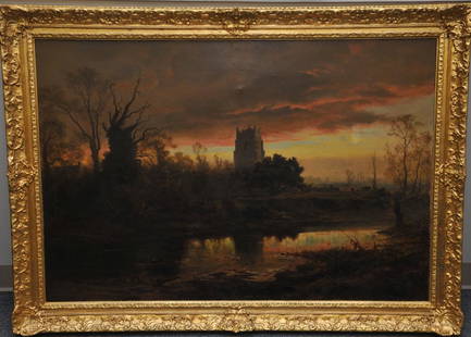Robert Gallon. 1883. Large luminous river landscape: Robert Gallon. 1883. Large luminous river landscape painting with abbey. S.D.L.R. O/C. Framed. Old reline. Sight size: 33" x 48". Overall size: 40" x 55".