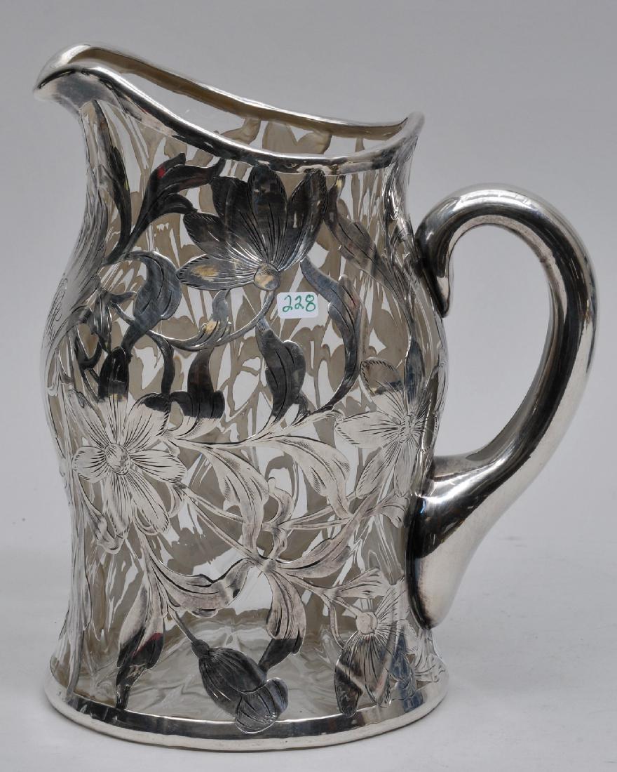 Antique silver overlay clear glass pitcher. Fine floral (1 of 10)