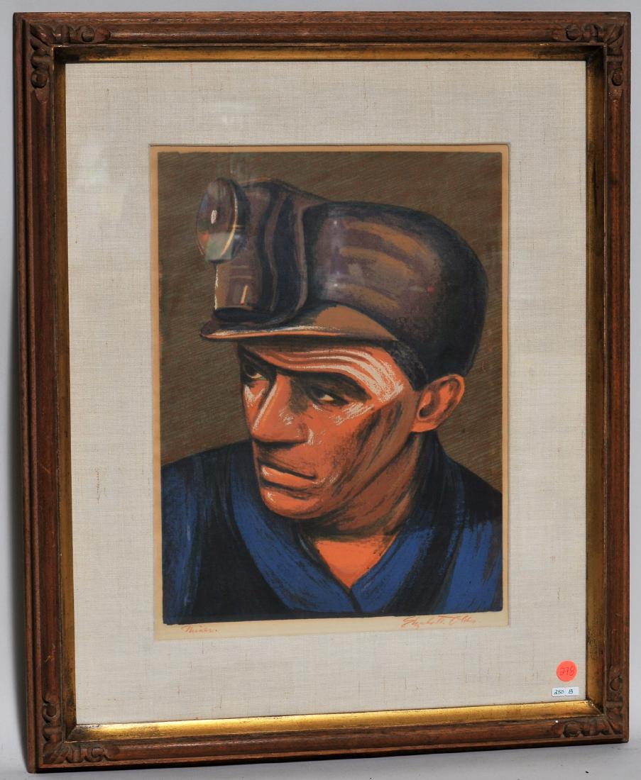 Elizabeth Olds. "Miner". Color lithograph of miner: Elizabeth Olds. "Miner". Color lithograph of miner wearing a hat. Signed in red graphite and titled. Sight size: 17-1/4" x 12-1/2". Framed size: 26-1/2" x 22". From the collection of James Pantages. Q