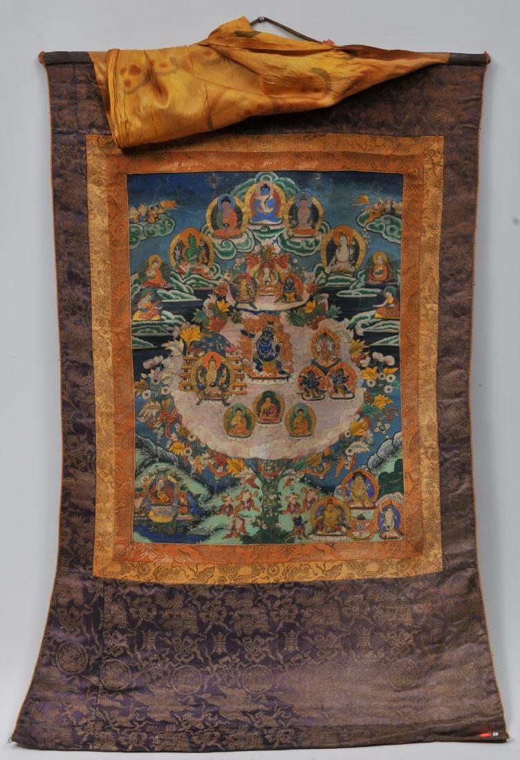 Buddhist painting. Tibet. 20th century. Thangkha of: Buddhist painting. Tibet. 20th century. Thangkha of Tantic Divinties and lineage figures. Mineral pigments on heavy cloth. 25" x 19".