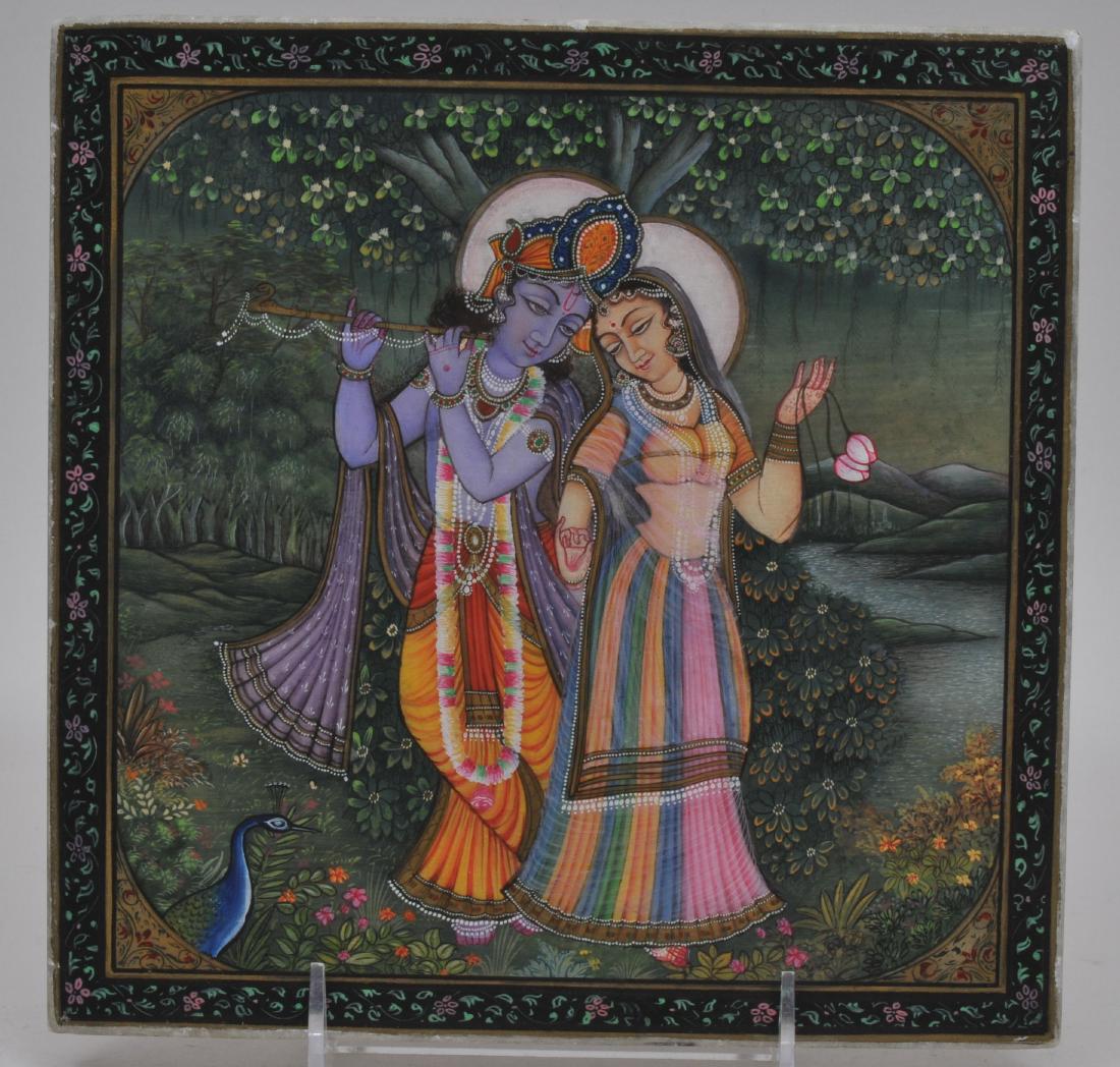 Painted marble tile. India. 20th century. Scene of: Painted marble tile. India. 20th century. Scene of Krishna and Radha. 8" x 8".