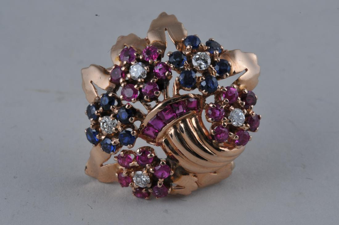 14k rose gold with diamond, ruby, and sapphire brooch. (1 of 2)