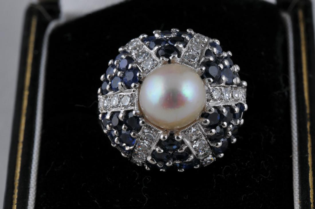14k white gold diamond, sapphire, and pearl ring. (1 of 3)