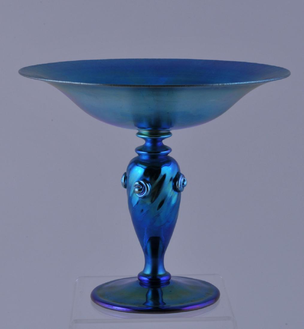 Blue Art Glass footed small compote. Aurene. Signed on (1 of 7)