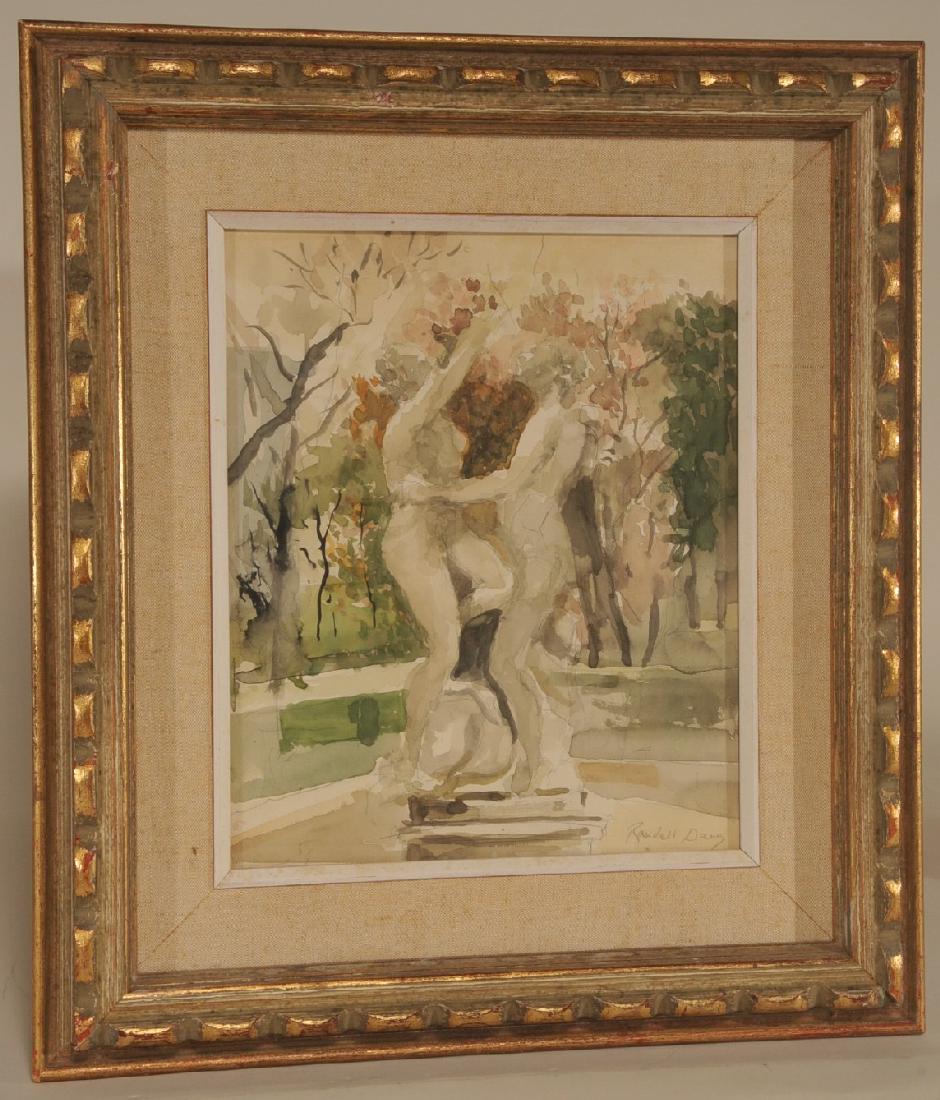 Randall Davey. Watercolor painting of a statue of a: Randall Davey. Watercolor painting of a statue of a couple in a park. Signed lower right. Framed. Sight size: 12" x 10". Overall size: 19" x 17".