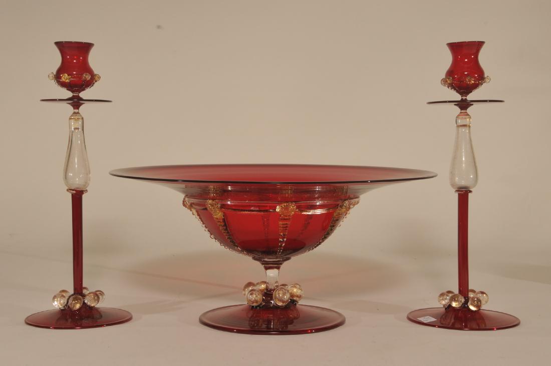 Three piece Red Murano glass console set. Red and clear (1 of 8)