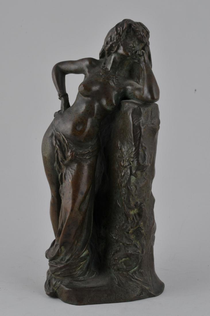 Theodore Riviere. Bronze sculpture of a standing: Theodore Riviere. Bronze sculpture of a standing partially nude woman leaning on a rock. Signed on front base. R.M. Paris Foundry stamp above signature. Good brown and green patina. 8-3/4" high.