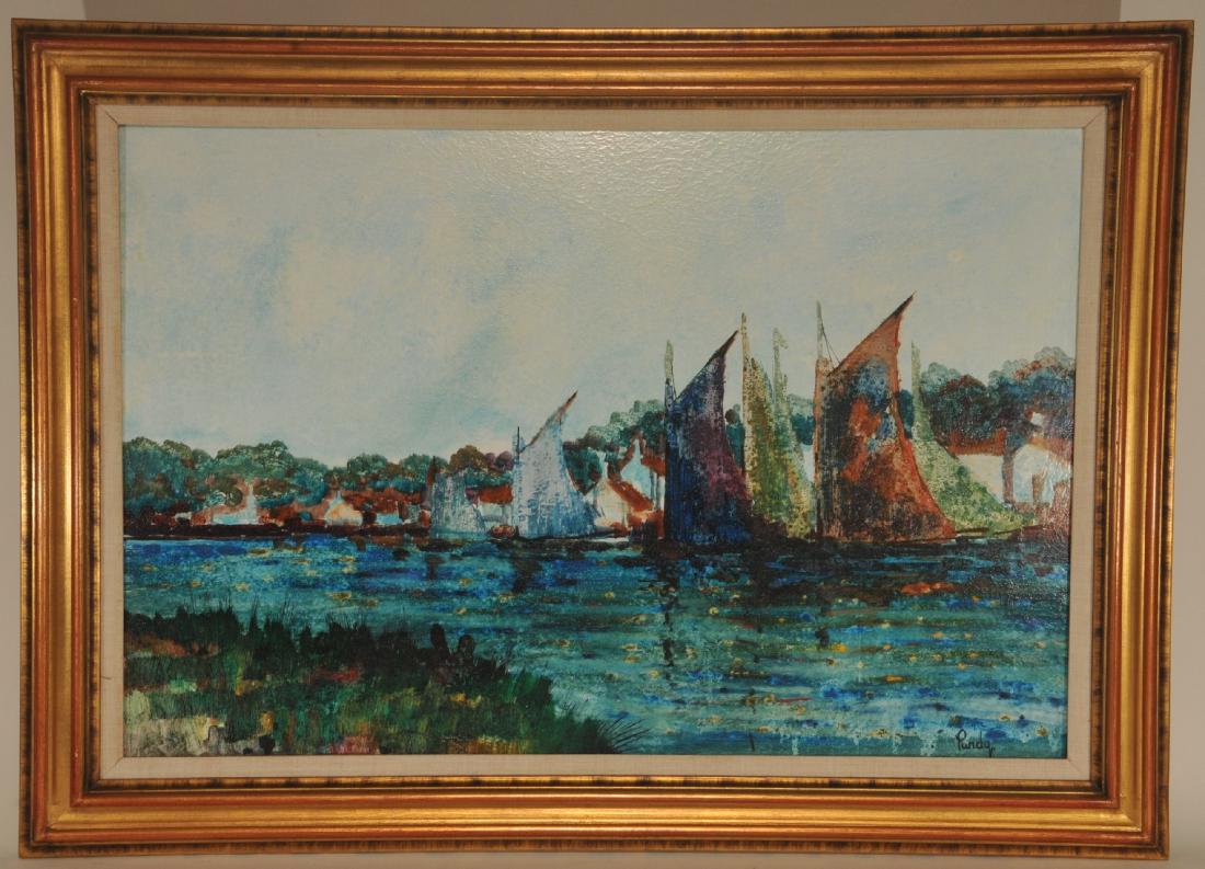 Donald Purdy. Large landscape with a river and: Donald Purdy. Large landscape with a river and sailboats. Mixed media on board. Framed. Signed lower right. Sight size: 24" x 36". Overall size: 32" x 43".