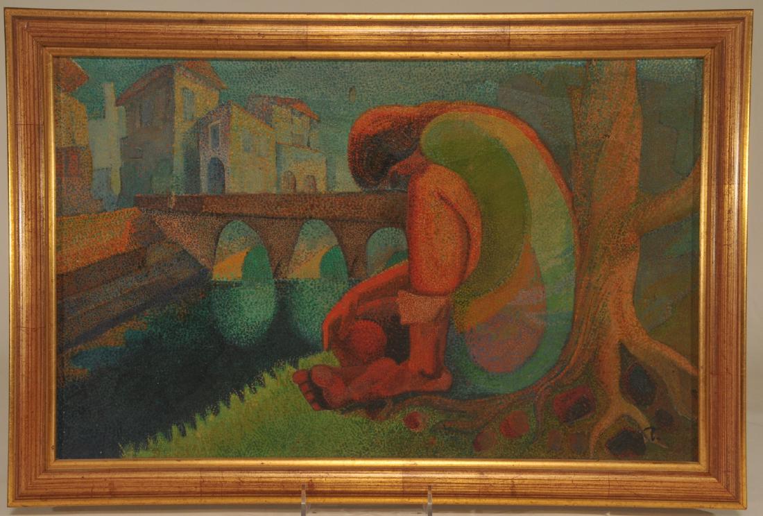 Mid 20th C. pointilist painting of a figure seated by a (1 of 8)