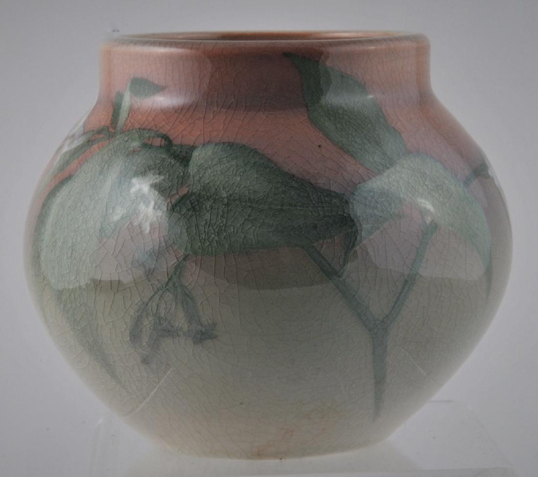 Rookwood Iris Glaze vase. Artist signed. Sara Sax.: Rookwood Iris Glaze vase. Artist signed. Sara Sax. Dated 1901. Leaf, petal and branch decoration. All over light craquelure under the glaze, exterior and interior, otherwise in good condition. 4" high