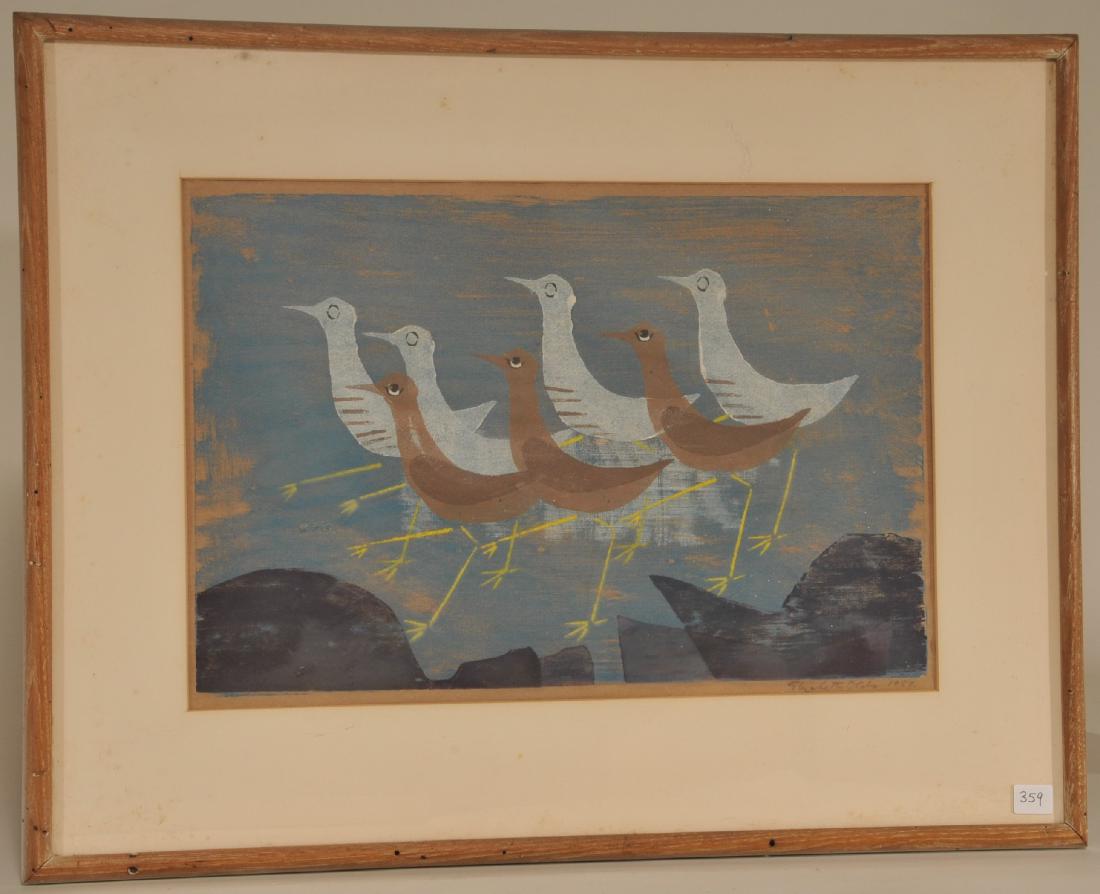 Elizabeth Olds. Wood block print. Seven Walking Birds.: Elizabeth Olds. Wood block print. Seven Walking Birds. Signed and dated lower right. 1954. Framed. Sight size: 11" x 16". Overall size: 18" x 23".