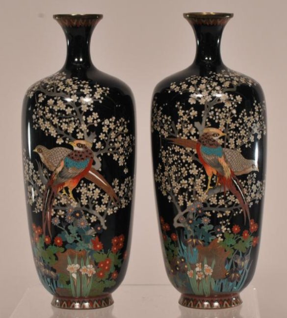 Pair of Japanese silver wire Cloisonne bird and floral (1 of 11)