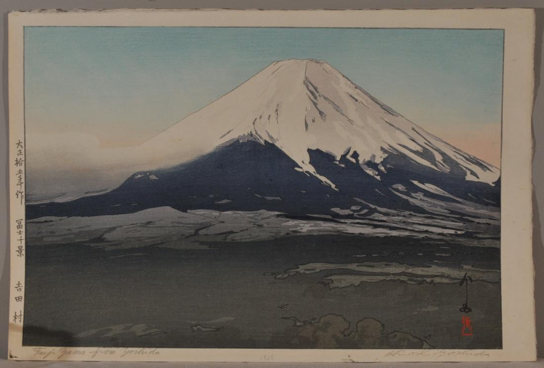 Hiroshi Y oshida woodblock. "Fujiyama from Yoshida".: Hiroshi Y oshida woodblock. "Fujiyama from Yoshida". Unframed. Signed and titled. Sight size: 9 3/4 x 14 1/2". Overall size: 10 3/4" x 16.