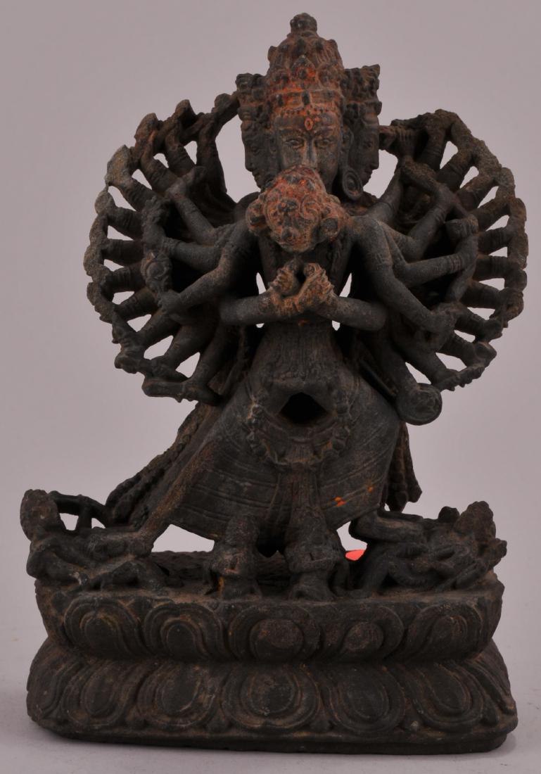 Carved stone Tantric image. Nepal of Tibet. 18th: Carved stone Tantric image. Nepal of Tibet. 18th century. Figure of Shakrasamvara in YabYum. 7" high. Base- 4-3/4" wide.