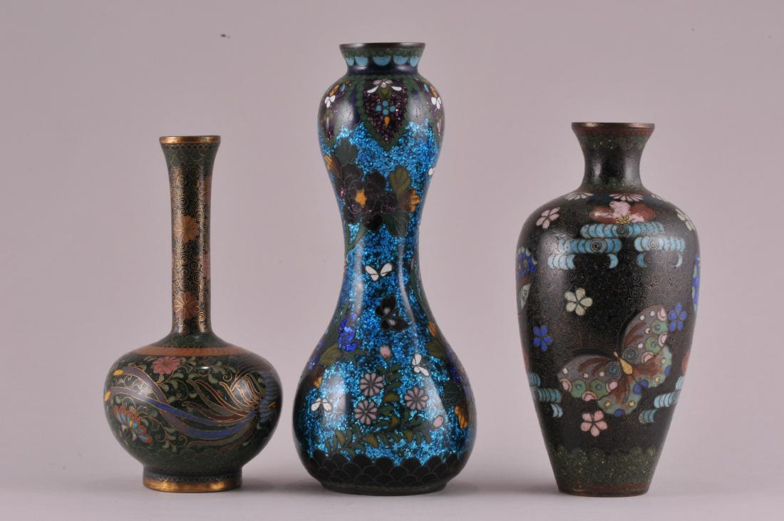 Three Japanese Cloisonne vases. Tallest- 6" high. (1 of 6)