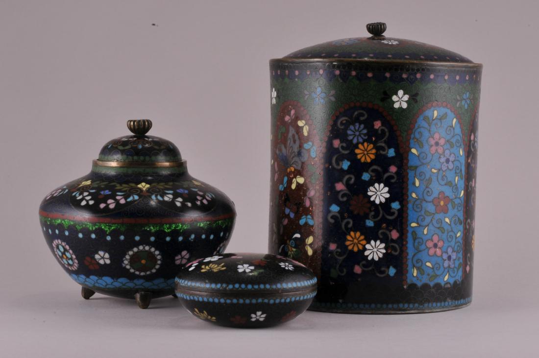 Three Japanese Cloisonne covered jars. Large jar- (1 of 9)