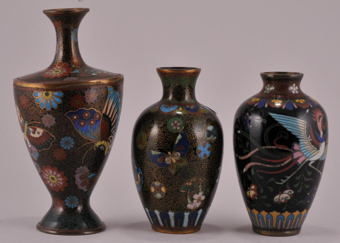 Three small Japanese Cloisonne vases. Tallest- 5" high. (1 of 6)