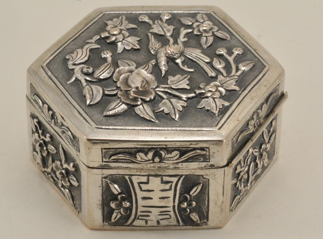 Hexagonal silver box. China. 19th century. Repousse (1 of 7)